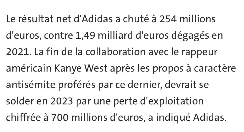 elmusicfeelings's tweet photo. ❌ Adidas accuse les conséquences de son divorce avec Kanye:

📉 Ils passent de 1,49 milliards en 2021 à….254 millions d'euros en 2022.
💵 Ils annoncent une perte de 700 millions pour cette année.

Brutal !😳

https://t.co/N4Qyy25OiY https://t.co/dxy6cXNKBj