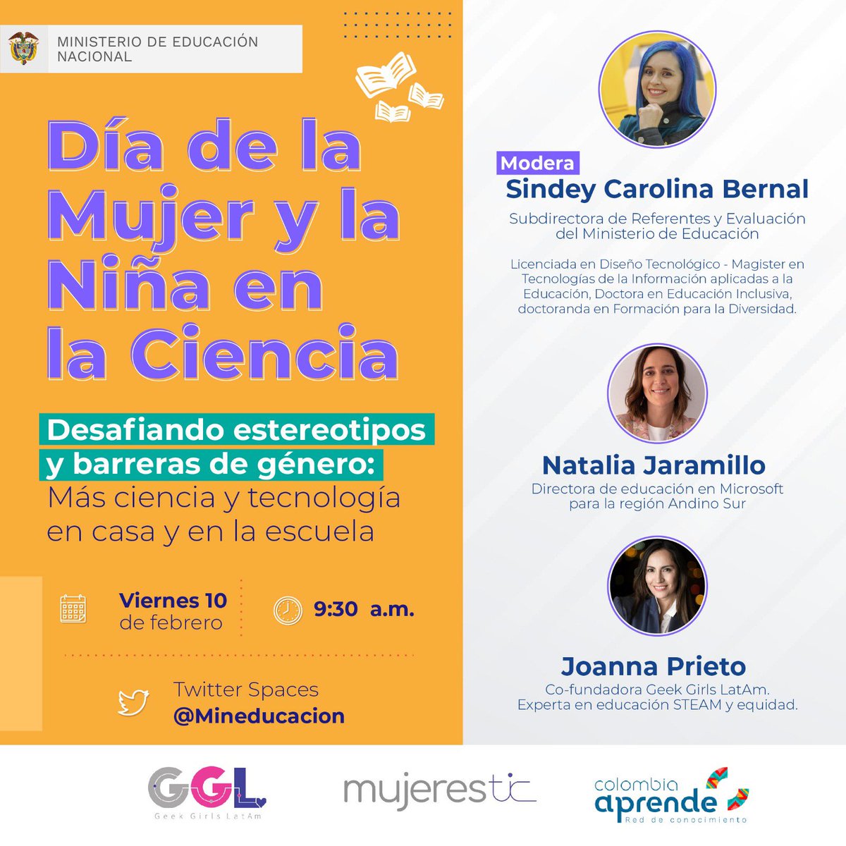 joannaprieto's tweet photo. #SabiasQue HOY se celebra el  #DiaDeLaMujerYLaNinaEnLaCiencia para reconocer a las mujeres que han contribuido al desarrollo de la ciencia e incentivar el interés de las niñas en las áreas #STEM 💜

Los invito a que conversemos con @Mineducacion por #TwitterSpaces 9:30am hoy #11F https://t.co/KAbvB24ZjQ