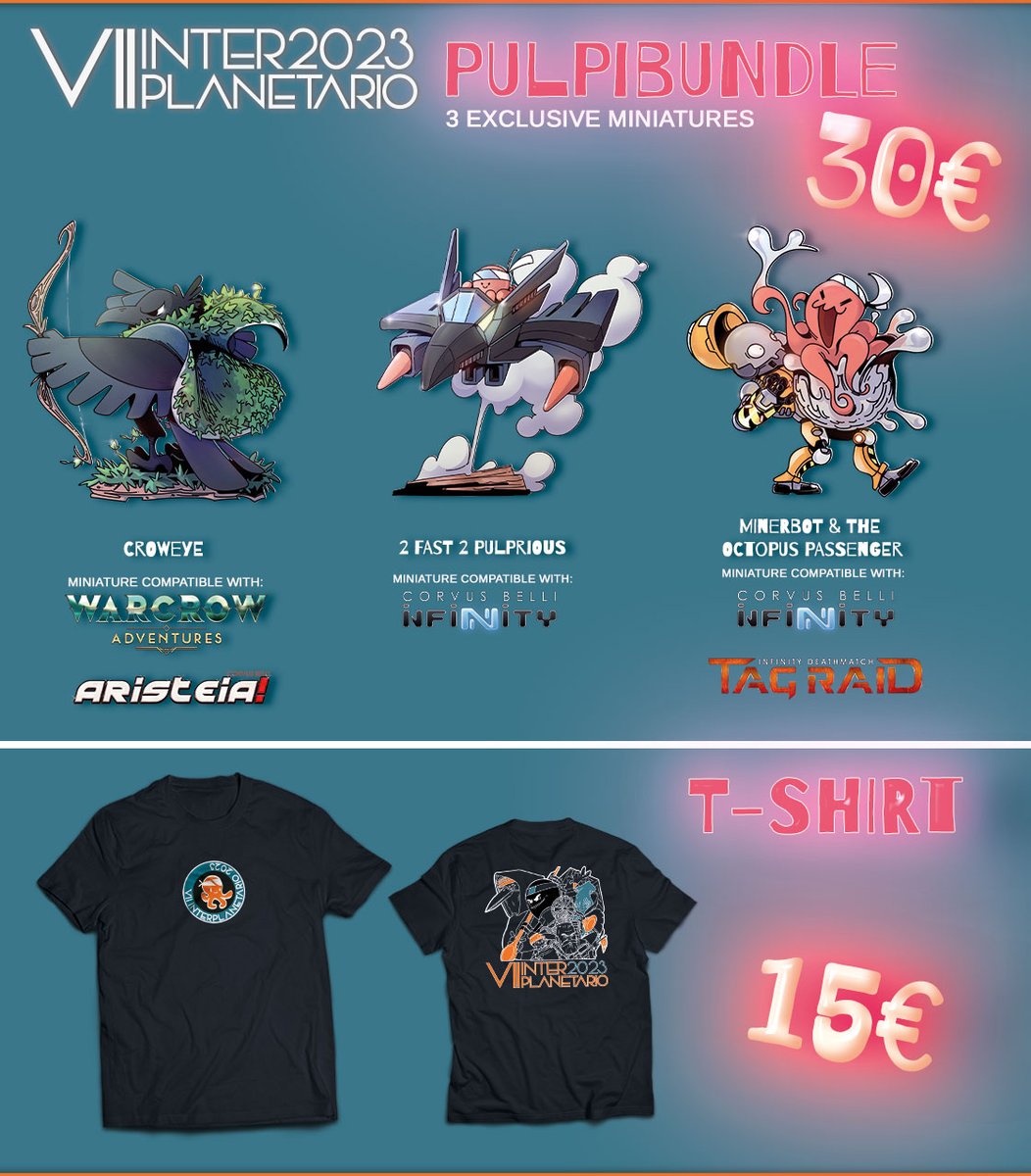 🇬🇧🇱🇷It's here! The coolest PulpiBundle of the Human Sphere. Three alternative miniatures and the Interplanetario t-shirt.

Reserve your Bundle for 30€ and your t-shirt for 15€ from monday with your register. 

#Vigo #Interplanetario #infinitythegame #aristeiathegame #warcrow