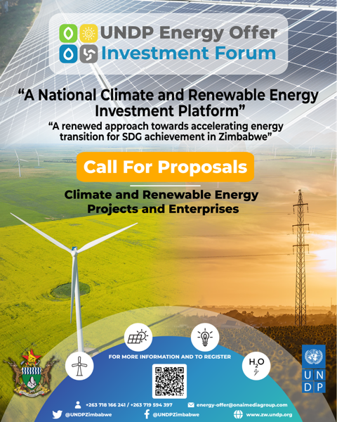 Opportunity Alert📢,<a href="/UNDPZimbabwe/">UNDP Zimbabwe</a> will be hosting an Energy Offer Investment Forum.

We are inviting interested entrepreneurs &amp; project developers with renewable energy projects to submit their proposals

Application deadline: 22 February 2023

To apply ➡️bit.ly/3YHQxir