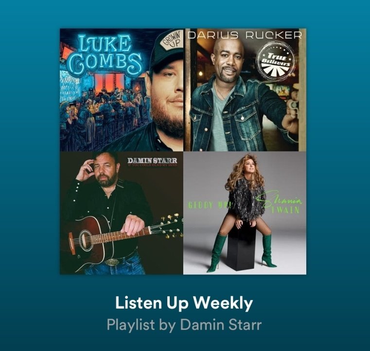 DaminStarrMusic's tweet photo. LISTEN UP WEEKLY PLAYLIST 📀🎶🎵 A mixtape of fresh music. Enjoy new music and deep cuts. ➡️ https://t.co/97XNXt6VH3

#spotifyplaylist #spotifymusic #Music #Playlist #countrymusic #country #acoustic #DaminStarr #LukeCombs #ShaniaTwain #DariusRucker and more... https://t.co/A5Vt50R7Rk