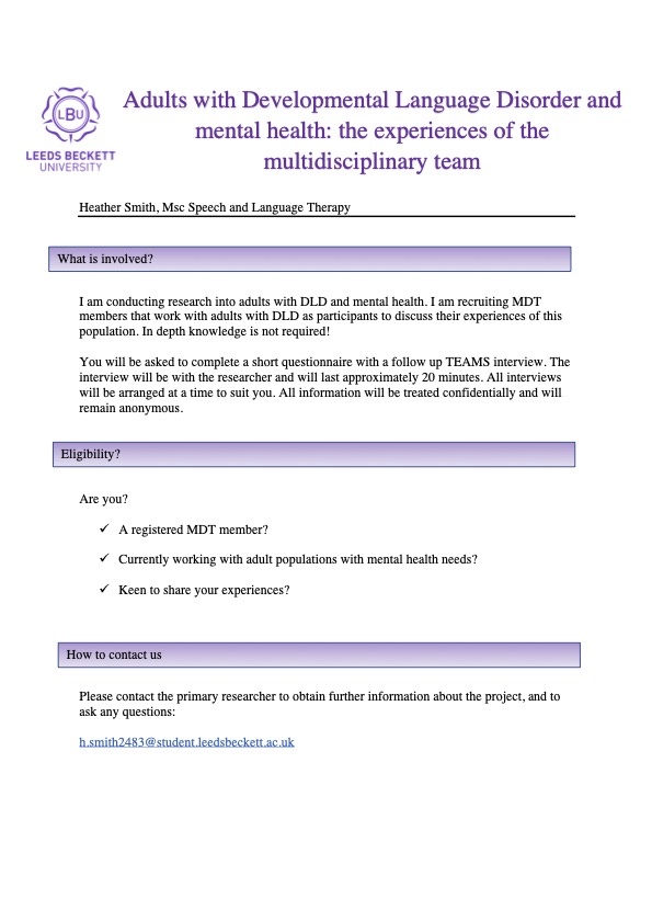 Heather Smith (@heather_slt) on Twitter photo Do you work with clients with mental health needs? Iβd love to hear your views for my MSc research project!
For more information, please email me at: h.smith2483@student.leedsbeckett.ac.uk
<a href="/SLTBeckett/">SLT at Leeds Beckett</a> <a href="/RCSLTResearch/">RCSLTResearch</a> #devlangdis <a href="/RADLDcam/">RADLDcampaign</a> #wordaware #growingwithDLD Do you work with clients with mental health needs? Iβd love to hear your views for my MSc research project!
For more information, please email me at: h.smith2483@student.leedsbeckett.ac.uk
<a href="/SLTBeckett/">SLT at Leeds Beckett</a> <a href="/RCSLTResearch/">RCSLTResearch</a> #devlangdis <a href="/RADLDcam/">RADLDcampaign</a> #wordaware #growingwithDLD