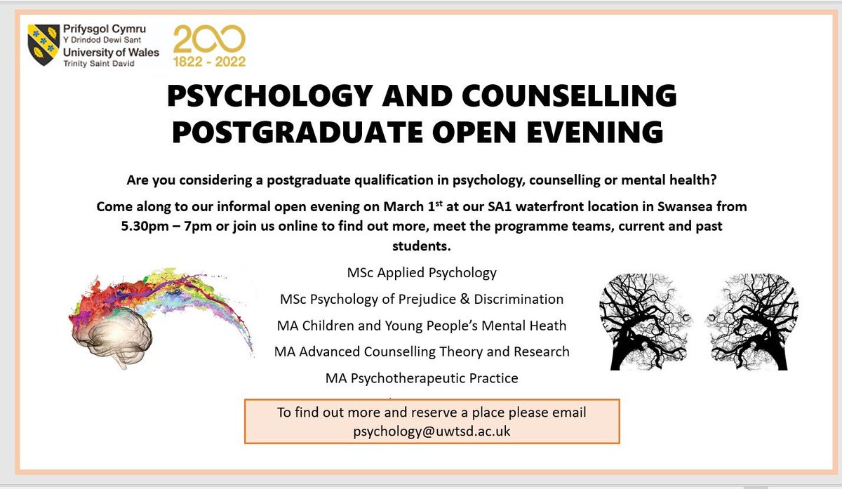 CeriPhelps1's tweet photo. Interested in studying one of our unique Masters programmes with us? Pop along on 1st March and find out more @UWTSDPsych https://t.co/jx3yXnccQ5