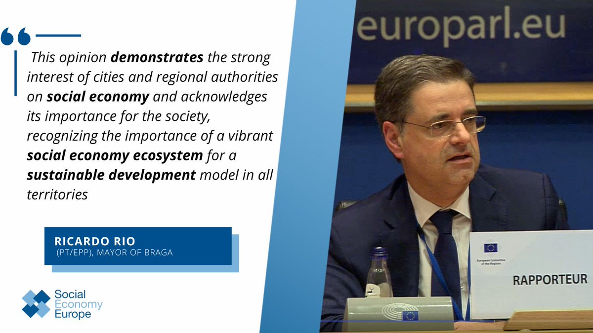 SocialEcoEU's tweet photo. ⚡️On 8 February 2023, the 153rd Plenary of @EU_CoR adopted an opinion on Creating an enabling environment for the #SocialEconomy, drafted by @RicardoMRio  (PT/EPP), Mayor of Braga  ▶sustainable development model for 🇪🇺 territories to flourish
        #SEAP      #Time2ScaleUp https://t.co/fVbmPMyWYL