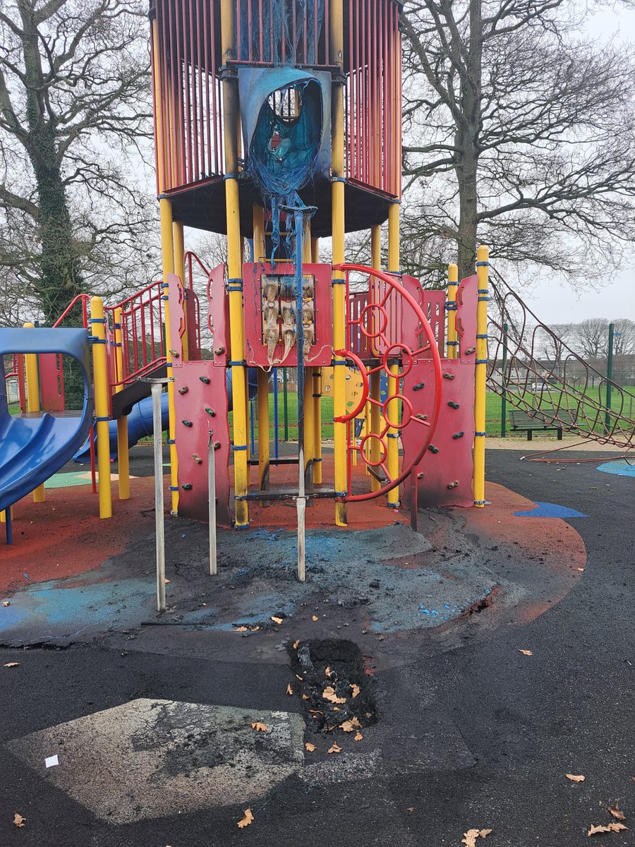 Shocking !! 
Steeple play park this morning following arson attack last night 
If you have any information contact Psni on 101 or myself .
