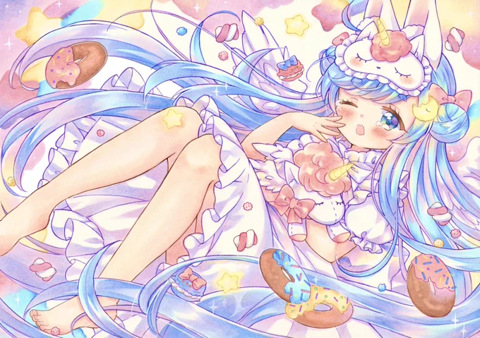 おやすみちゃん/Nighty Night(年齢不明)・白雪ちゃんにとっての代理ちゃん・おっとりとした性格・夜の国の女の子・天国に行けなかった天使・ユニコーンに憧れていて自分をユニコーンだと思っている・ねぐせちゃんと仲良し・いつも眠い・下界に恋人を遺してきてるテーマカラー青 