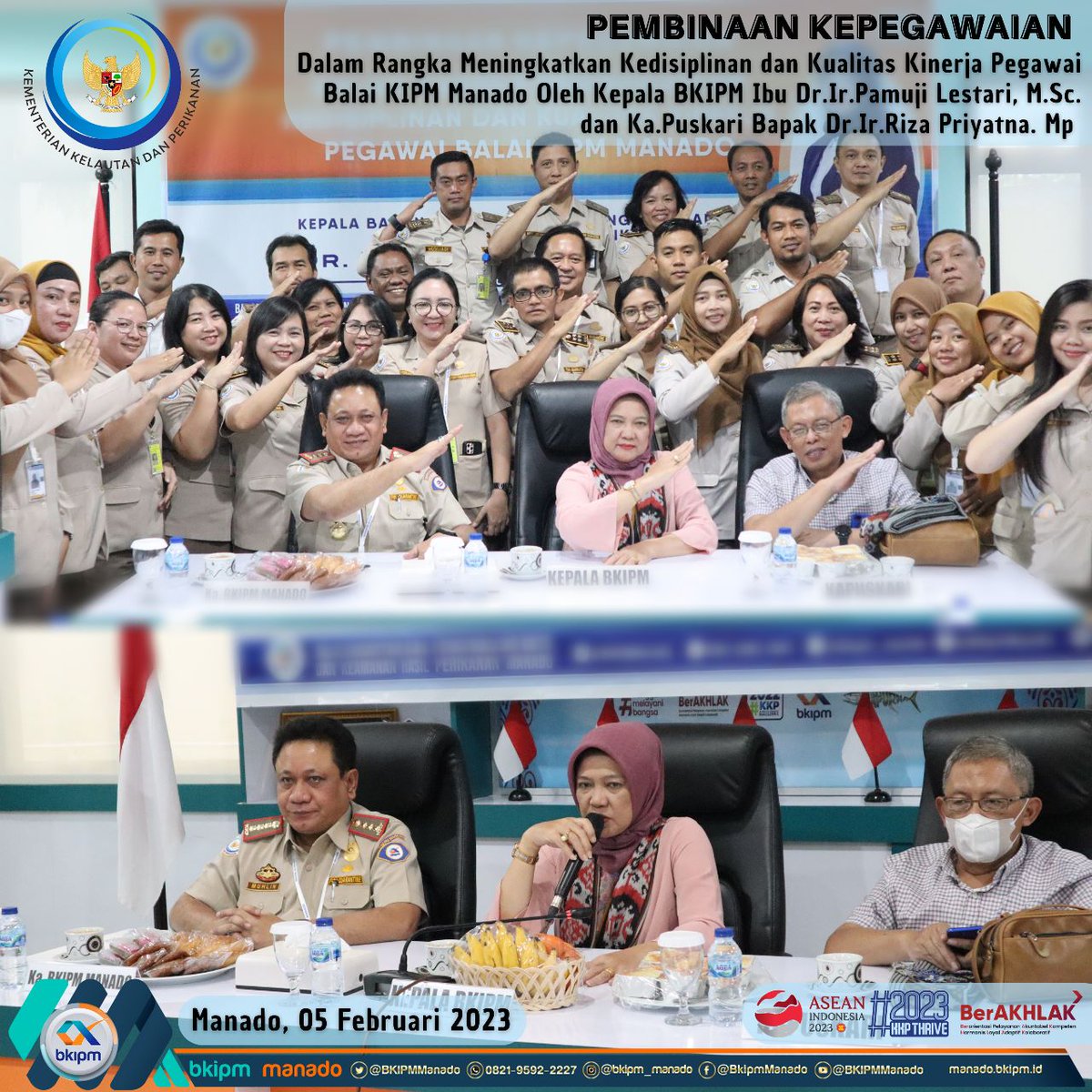 BPPMHKP_Manado's tweet photo. Hai #Sahabatbahari, Balai KIPM Manado menerima kunjungan silahturahmi dan pembinaan kepegawaian dari Ibu Kepala BKIPM (Dr. Ir.Pamuji Lestari, M. Sc.) dan Bapak Kapuskari (Dr. Ir. Riza Priyatna, MP)
#KKPThrive #EkonomiBiru
#SaktiWahyuTrenggono
@kkpgoid 
@bkipm_kkp 
@Muhlin21 https://t.co/fUPb14mgEP