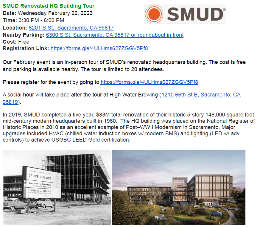 AeeNorcal's tweet photo. On Feb 22 at 3:30 PM  join us for the SMUD Renovated HQ Building tour at 6201 S St. Sacramento. Register: https://t.co/4CCttagVpn #Building #Tour #AEENorCal #NorCalAEE #AEE #SMUD #USGBC https://t.co/gt2G9S4FdQ