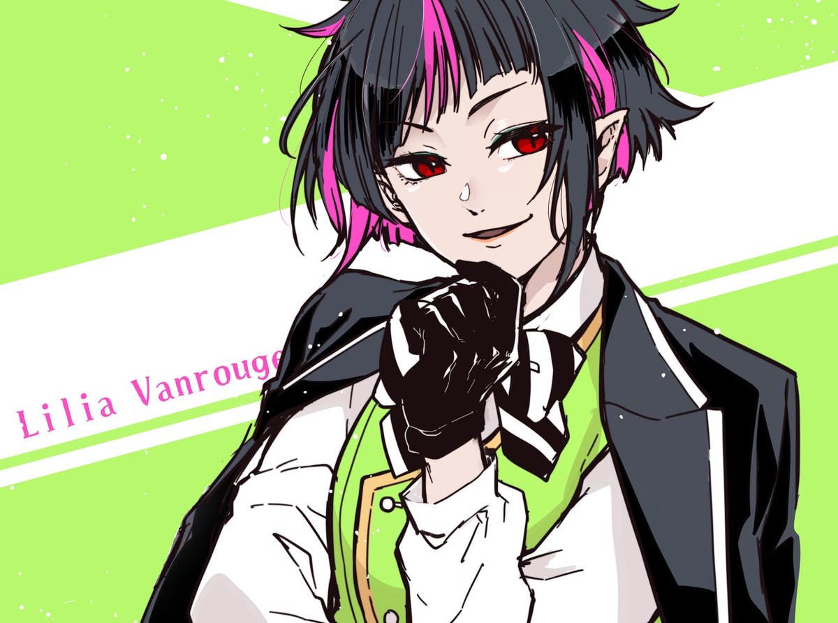 1boy male focus pointy ears black hair red eyes gloves pink hair  illustration images