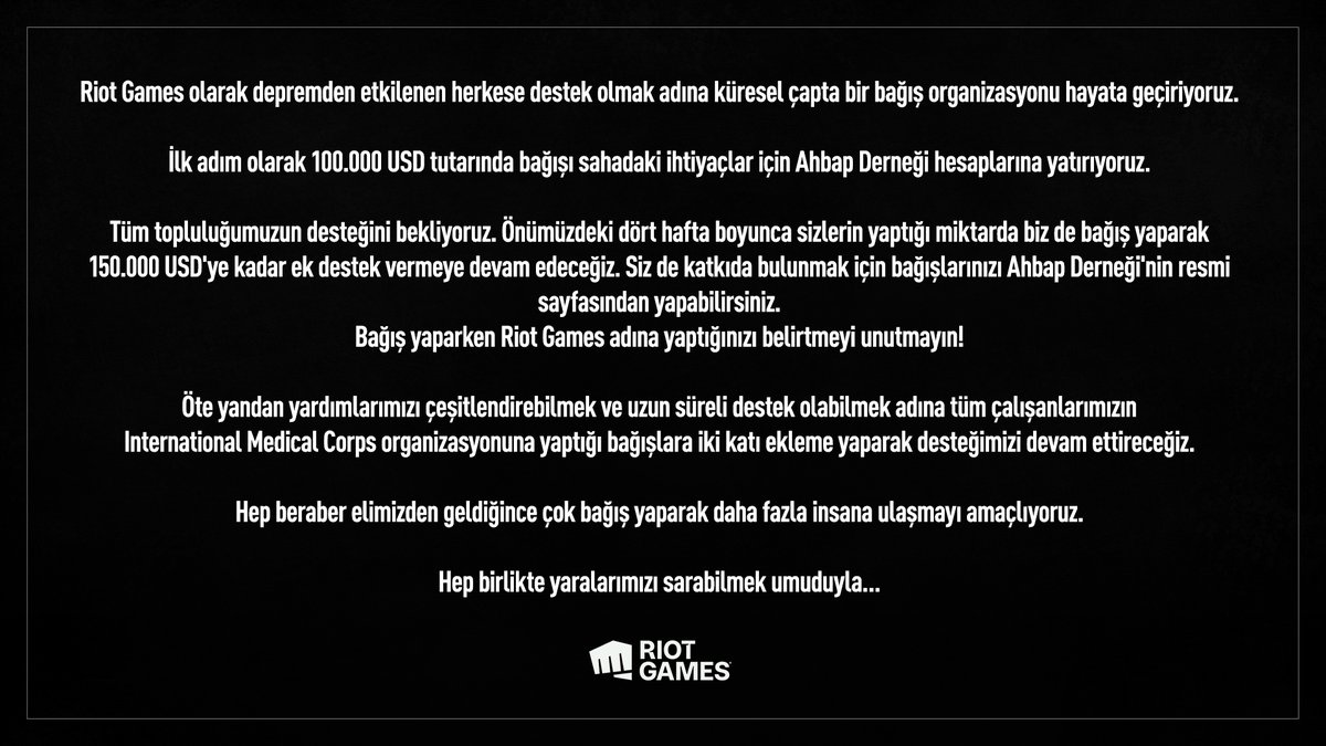 VALORANTtr's tweet image. Riot Games olarak depremden etkilenen herkese destek olmak adına küresel çapta bir bağış kampanyası hayata geçiriyoruz. Sizlerin de desteklerinize ihtiyacımız var! Bağışlarınızı bağlantıdan yapabilirsiniz.
Hep birlikte yaralarımızı sarmak umuduyla...
🔗: ahbap.org