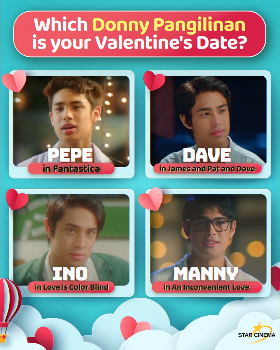 StarCinema's tweet photo. Pwedeng all of the above?🫶 

Happy 25th birthday to the charming and talented Donny Pangilinan! 🎉🎂

#DonnyPangilinan #Fantastica #JamesAndPatAndDave #LoveIsColorBlind #AnInconvenientLove https://t.co/kaT0HHarA5