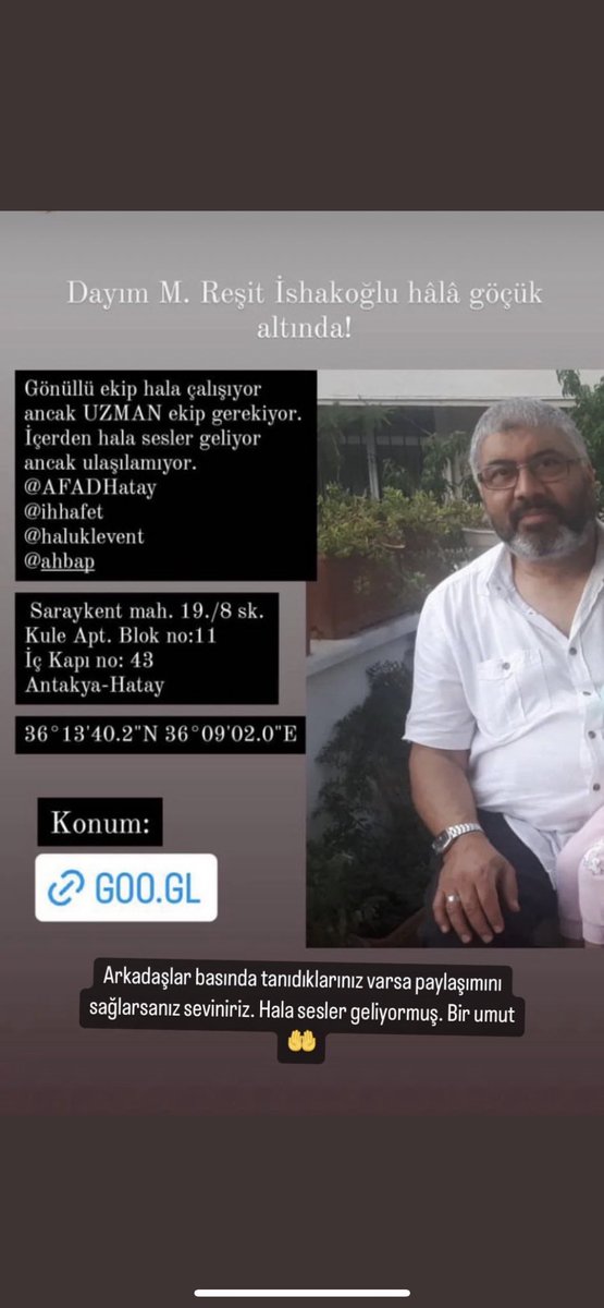 Ayşe Sena (@krmnsena) on Twitter photo Üniversiteden hocam <a href="/omerishakoglu1/">omerishakoglu</a> nun abisi Hatay’da enkaz altında. Sesler geldiği söyleniyor lütfen yardım edin! <a href="/AFADBaskanlik/">AFAD</a> <a href="/AFADHatay/">AFAD HATAY</a> <a href="/ihhinsaniyardim/">İHH</a> <a href="/DiyanetVakfi/">Türkiye Diyanet Vakfı</a> @ahbaphatay <a href="/Kizilay/">Türk Kızılay</a> Üniversiteden hocam <a href="/omerishakoglu1/">omerishakoglu</a> nun abisi Hatay’da enkaz altında. Sesler geldiği söyleniyor lütfen yardım edin! <a href="/AFADBaskanlik/">AFAD</a> <a href="/AFADHatay/">AFAD HATAY</a> <a href="/ihhinsaniyardim/">İHH</a> <a href="/DiyanetVakfi/">Türkiye Diyanet Vakfı</a> @ahbaphatay <a href="/Kizilay/">Türk Kızılay</a>