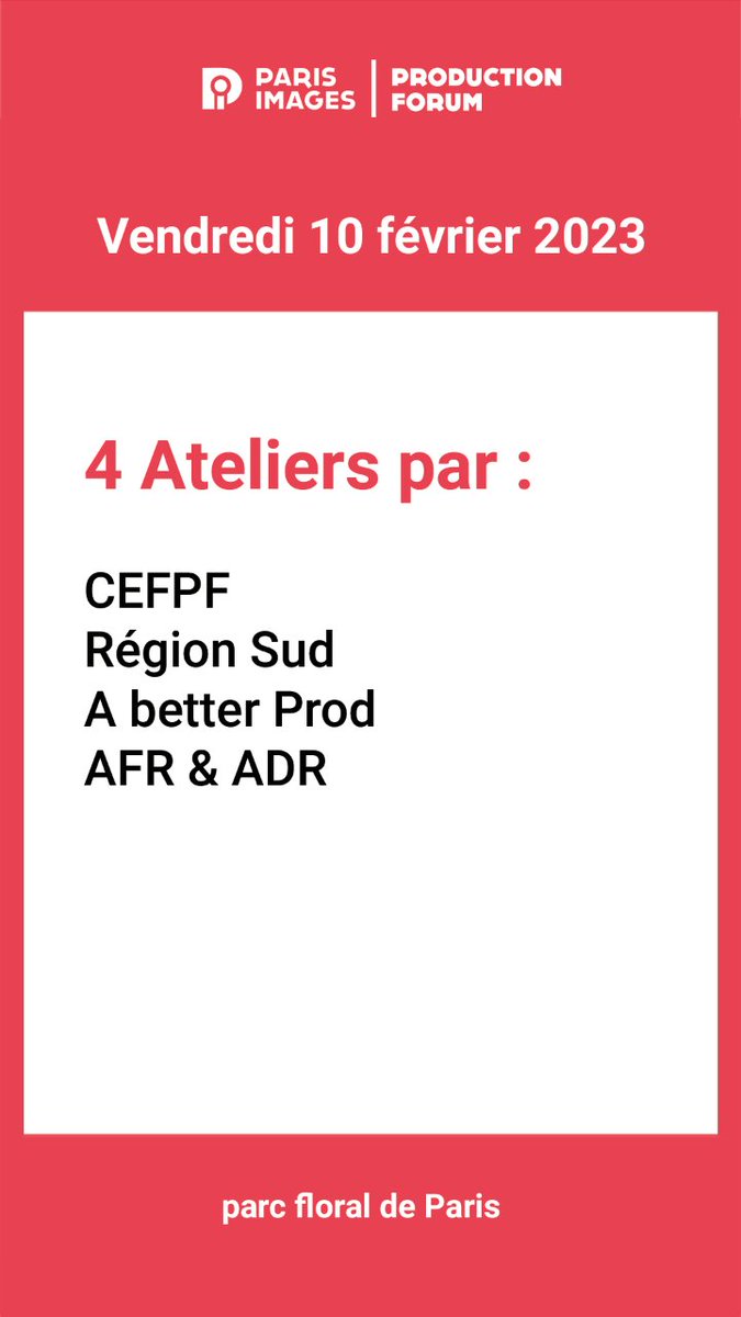 #PIPF23 
PROGRAMME 10 FEVRIER
Retrouvez le détail des #ateliers du jour au Production Forum :
i.mtr.cool/ehljkxbljw
Ouverture des portes à 10h : On vous attend ! 💚

<a href="/Jeremy_Redler/">Jérémy Redler</a> <a href="/_parisimages/">Paris Images</a>