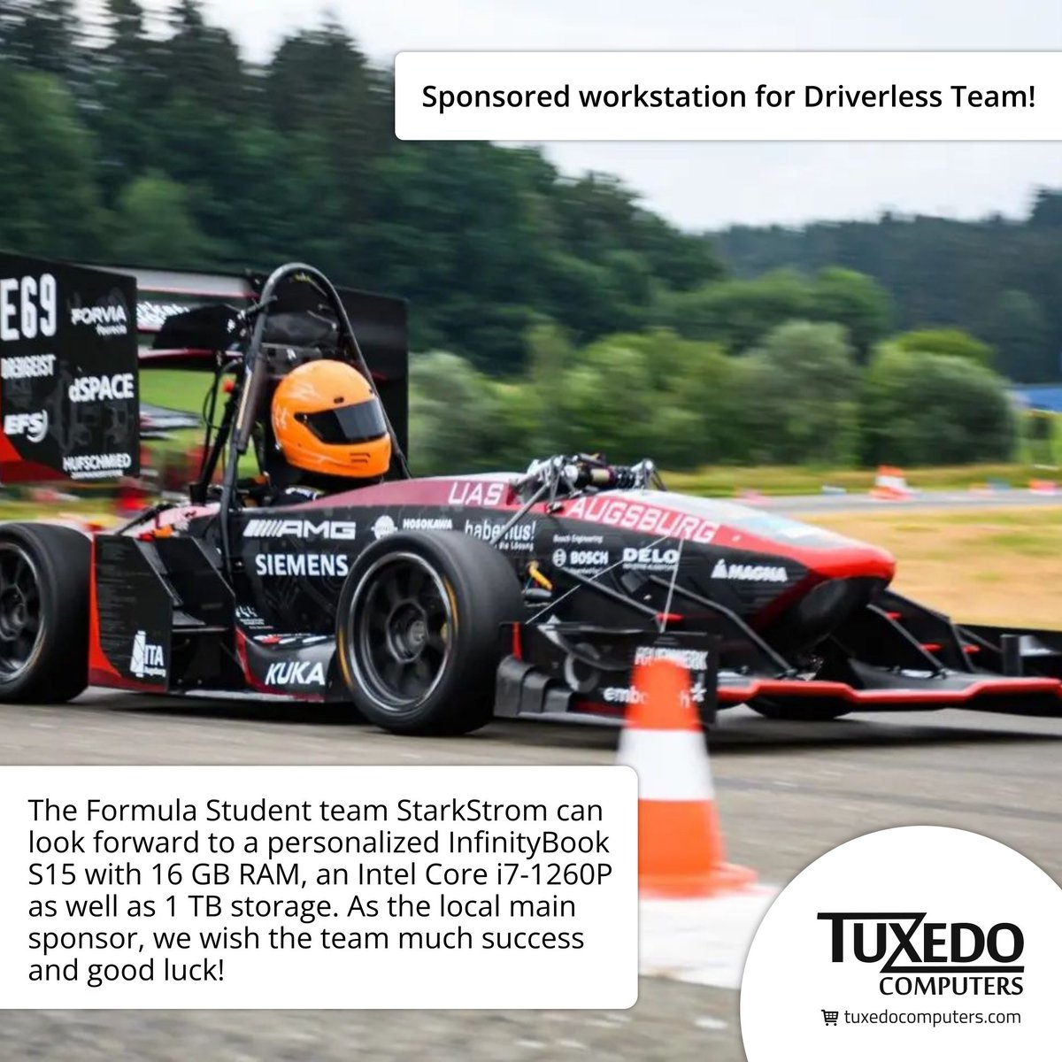TUXEDOComputers's tweet photo. Strong as never before: InfinityBook S 15 for Driverless-Team from @StarkStromAux! New #workstation for Formula Student team from #TUXEDO. #linux @HS_Augsburg
Photo: © FSA 2022 
https://t.co/FaA9SWCCxV https://t.co/oJnqfppKdN
