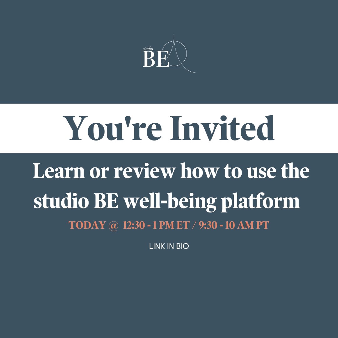studiobemindful's tweet photo. studio BE clients - you and your colleagues can learn (or review!)  how to use the studio BE well-being platform at a half-hour orientation today from 12:30 - 1 PM ET / 9:30 - 10 AM PT. 

Log on https://t.co/reJw6RGryG at link in bio. https://t.co/fgIen9ppib