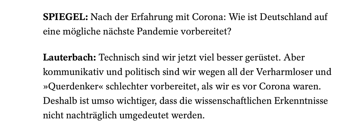 Interview mit Drosten und Lauterbach zum Versuch der Umdeutung (man könnte auch sagen Geschichtsfälschung) die bzgl. der Corona-Pandemie gerade von weiten Kreisen betrieben wird. 
spiegel.de/politik/deutsc…