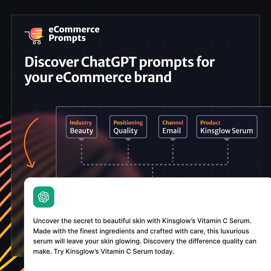 getmodadotio's tweet photo. You can make ChatGPT your ecommerce marketer.

- Generate 2M+ #ecommerceprompts for your Brand, Category, Customer ICP and channel.
- 1000+ readymade ChatGPT Prompts built for E-commerce marketers. 

Dropping soon:
• Follow @getmodadotio 
• Reply "Ecommerce" and RT

Get access. https://t.co/98kG4sSqeF