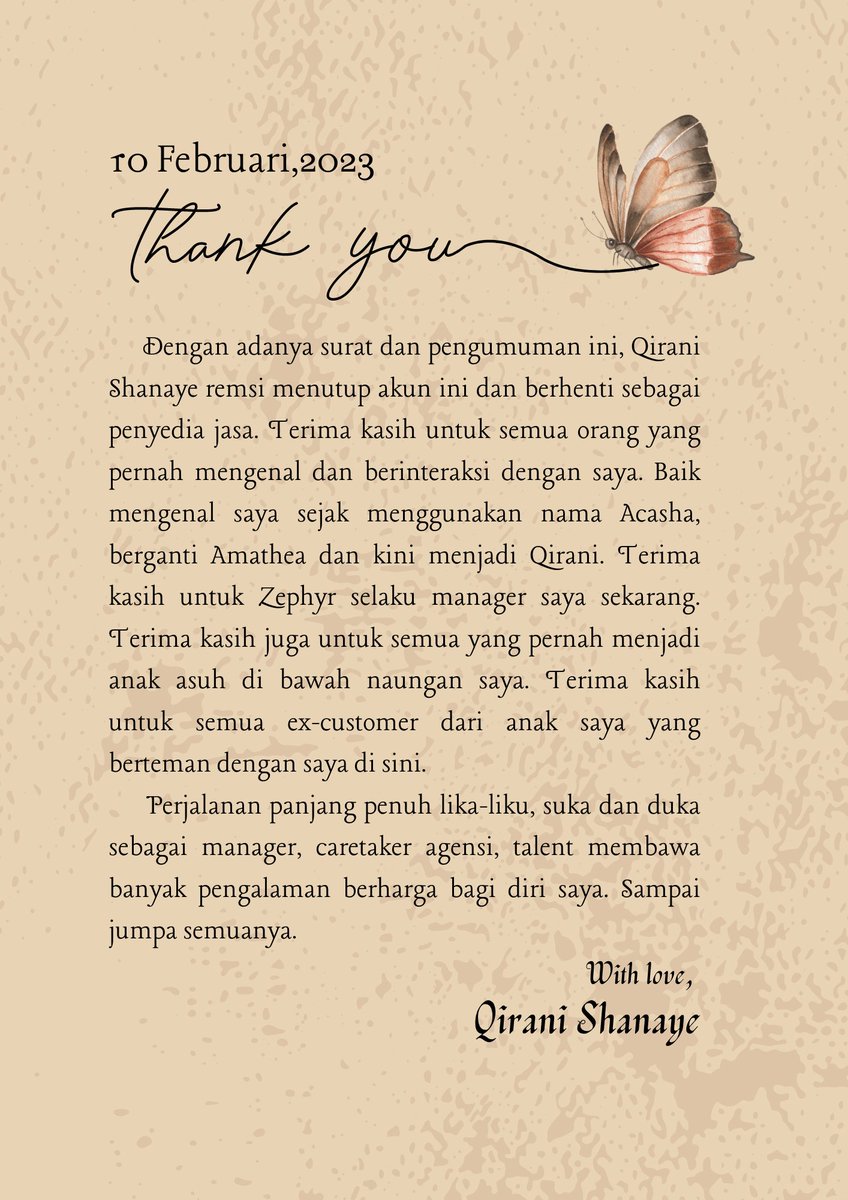 Thanks and Goodbye. 
ㅡ Mulai tanggal 10 Februari 2023, Qirani Shanaye tidak lagi berada dalam naungan Zephyr (@zecphyrs) dan berhenti sebagai penyedia jasa.  
     Terima kasih untuk semua kenangan indahnya di sini. ❤️
