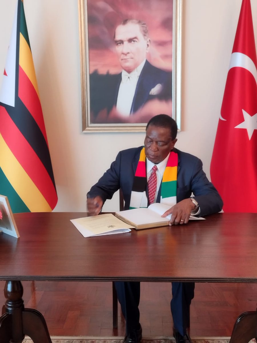 GondaiMutongi's tweet photo. President @edmnangagwa signed the book of condolence at the Turkish Embassy in Harare, following a devastating earthquake that claimed several lives in Turkiye #MTSRIP https://t.co/WwqOskA164