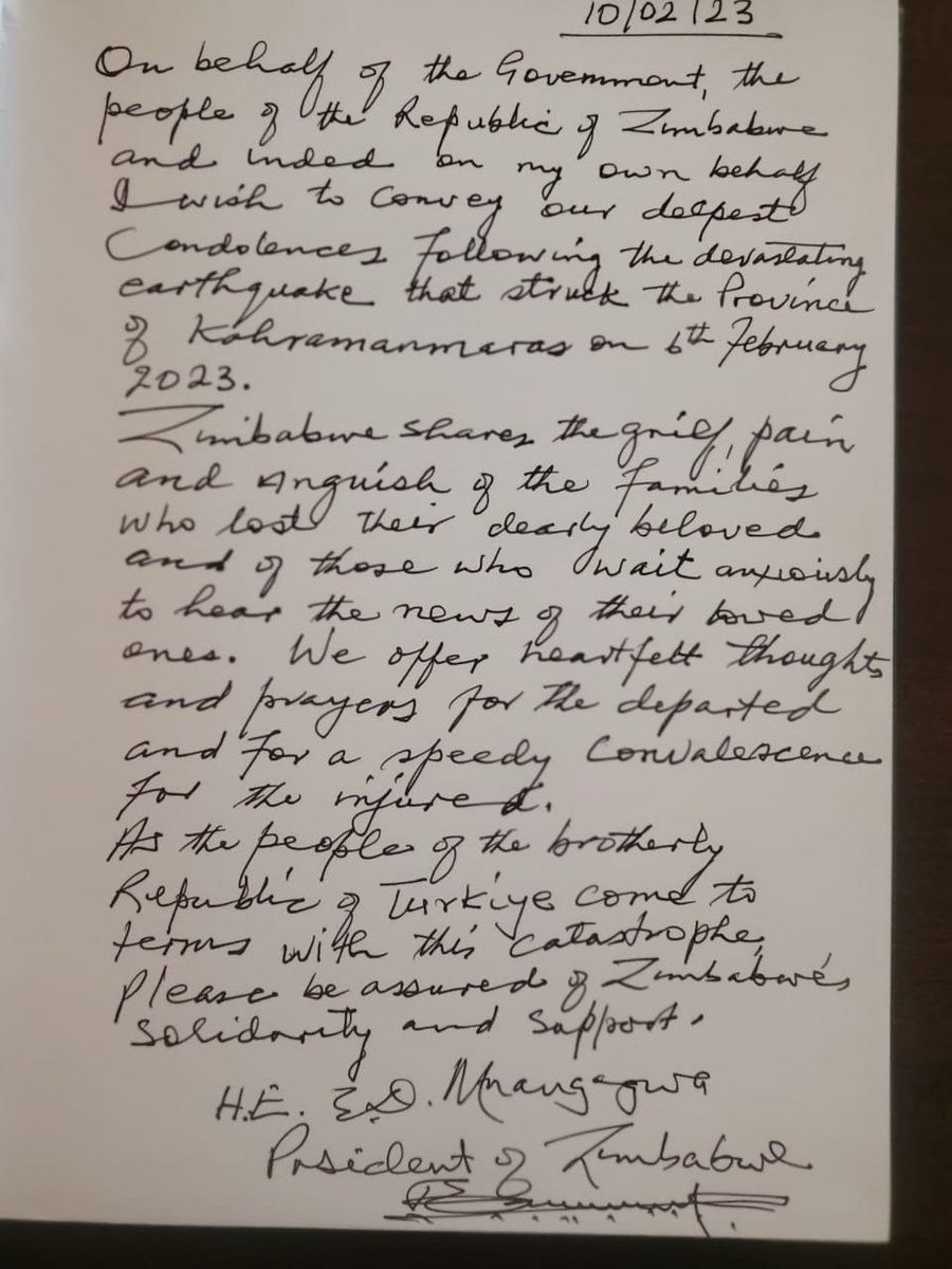 GondaiMutongi's tweet photo. President @edmnangagwa signed the book of condolence at the Turkish Embassy in Harare, following a devastating earthquake that claimed several lives in Turkiye #MTSRIP https://t.co/WwqOskA164