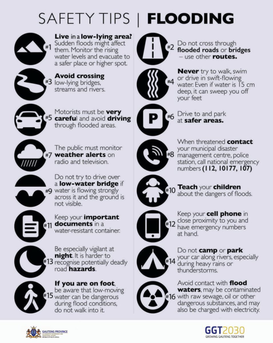 GDCoGTA's tweet photo. Please ensure that you adhere to these safety tips during flooding. In case of an emergency, please contact your closest municipal disaster management centre.

#FloodSafety #StaySafeGP https://t.co/Nt3fADj6FW
