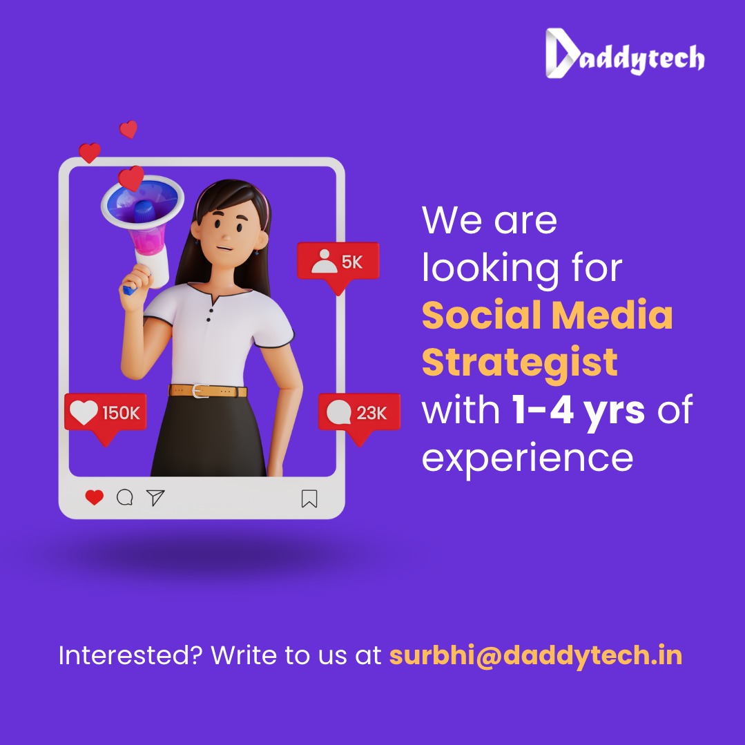 teamdaddytech's tweet photo. Are you someone who scrolls social media for good and has the analytical mindset to steer toward the company's goals? If yes, we would like to see you.

DaddyTech is #hiring a #socialmediastrategist with 1-4 years of experience.

Share your resume at surbhi@daddytech.in. https://t.co/0a47VtB22A