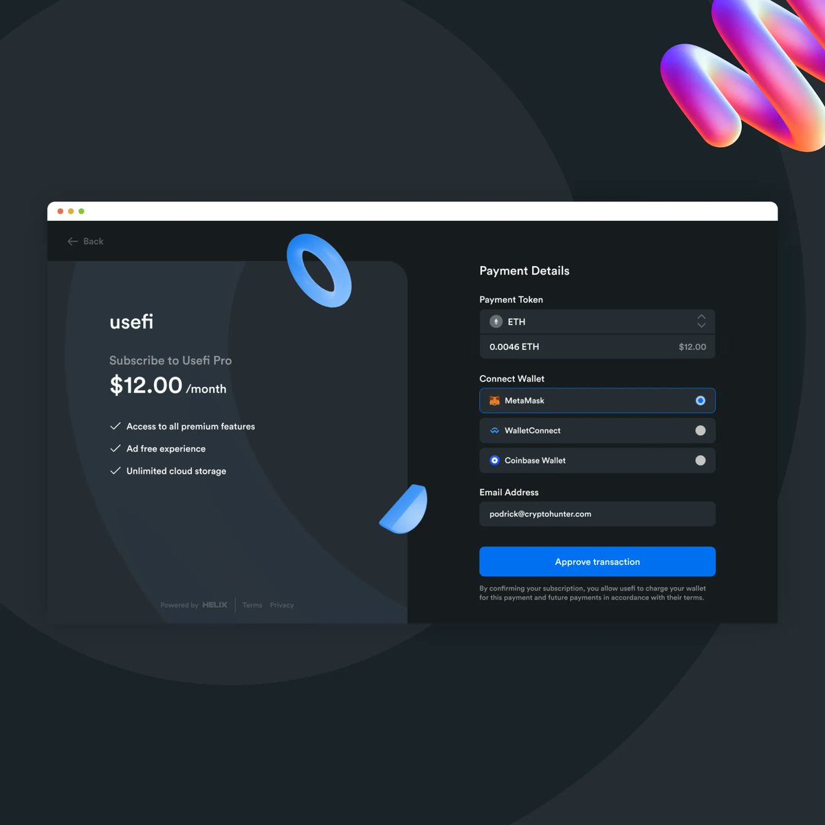 crowdformstudio's tweet photo. 💥 Introducing Helix - the game-changer in Web3 payments! Say goodbye to gas fees and hello to effortless, recurring subscriptions. Upgrade your payment game now! 💸 #helixsubscription #web3revolution #gaslesspayments #cryptosubscriptions https://t.co/RtRGxHAWt5