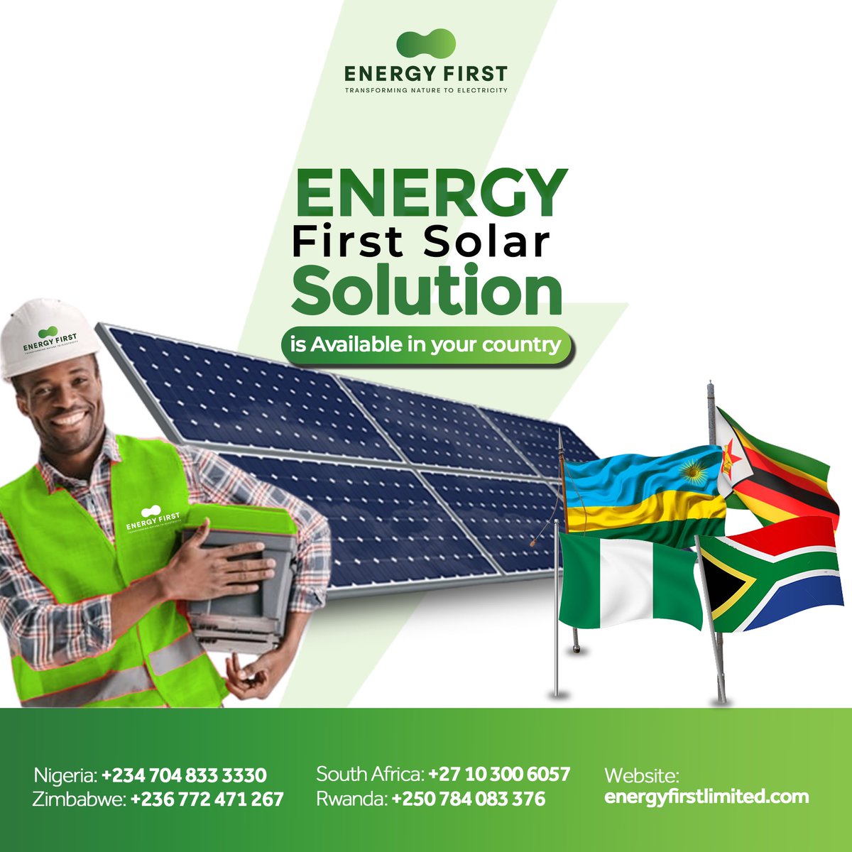 energyfirstltd1's tweet photo. Bringing energy to the heart of Africa 💡🌍 Our presence in Nigeria, Zimbabwe, Rwanda, and South Africa is making a positive impact. 

We continue to in our mission to light up Africa, one community at a time.

#EnergyFirstLimited #AfricanExpansion https://t.co/ZZIP4Qv6Q6