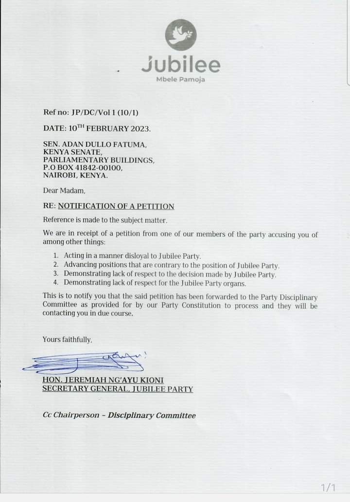 JubileePartyK's tweet photo. SG Hon. Jeremiah Kioni has received petitions to commence disciplinary action against Hon. Kanini Kega, Hon. Sabina Chege, Hon. Fatuma Dullo and Hon. Adan Keynan. The same have been  forwarded to the JP Disciplinary Committee for action.

#MbelePamoja https://t.co/qtUYpZshPP