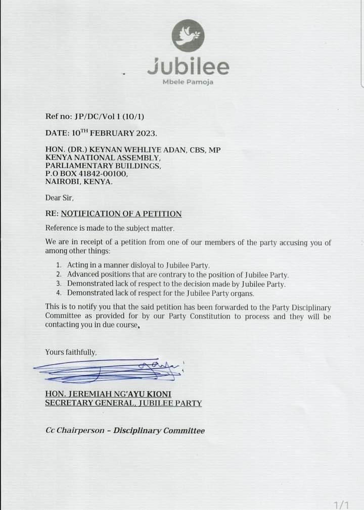 JubileePartyK's tweet photo. SG Hon. Jeremiah Kioni has received petitions to commence disciplinary action against Hon. Kanini Kega, Hon. Sabina Chege, Hon. Fatuma Dullo and Hon. Adan Keynan. The same have been  forwarded to the JP Disciplinary Committee for action.

#MbelePamoja https://t.co/qtUYpZshPP