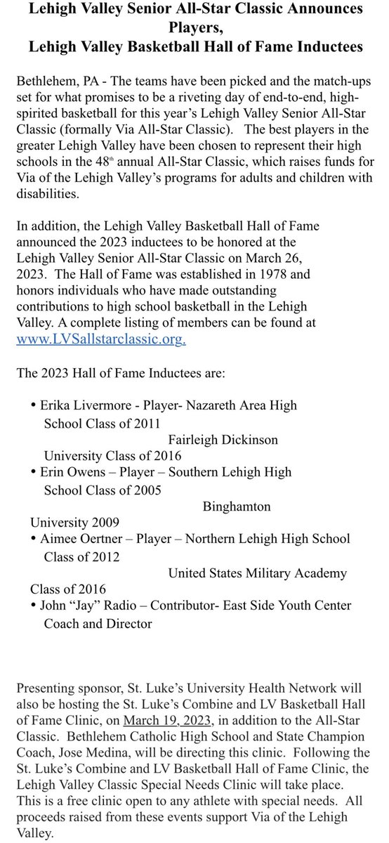 D11Sports's tweet photo. BASKETBALL ALL-STARS!!! 

Here is all you need to know about the 2023 Lehigh Valley Senior All-Star Classic Presented by @mystlukes. 

Boys &amp; Girls All-Stars, Coaches, Hall of Fame Inductees, Clinic information &amp; more. 

The games will be held on March 26th at Northampton CC. https://t.co/jspj9HXCFy