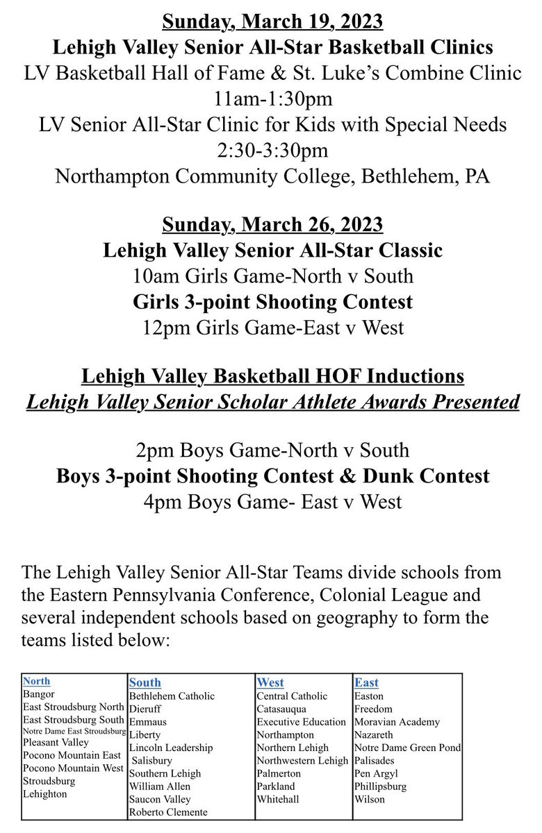 D11Sports's tweet photo. BASKETBALL ALL-STARS!!! 

Here is all you need to know about the 2023 Lehigh Valley Senior All-Star Classic Presented by @mystlukes. 

Boys &amp; Girls All-Stars, Coaches, Hall of Fame Inductees, Clinic information &amp; more. 

The games will be held on March 26th at Northampton CC. https://t.co/jspj9HXCFy