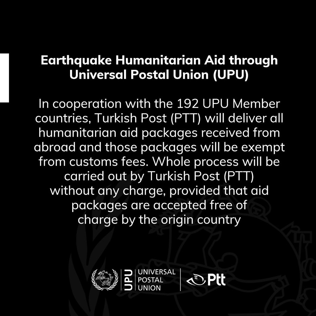 Earthquake Humanitarian Aid through Universal Postal Union (UPU)