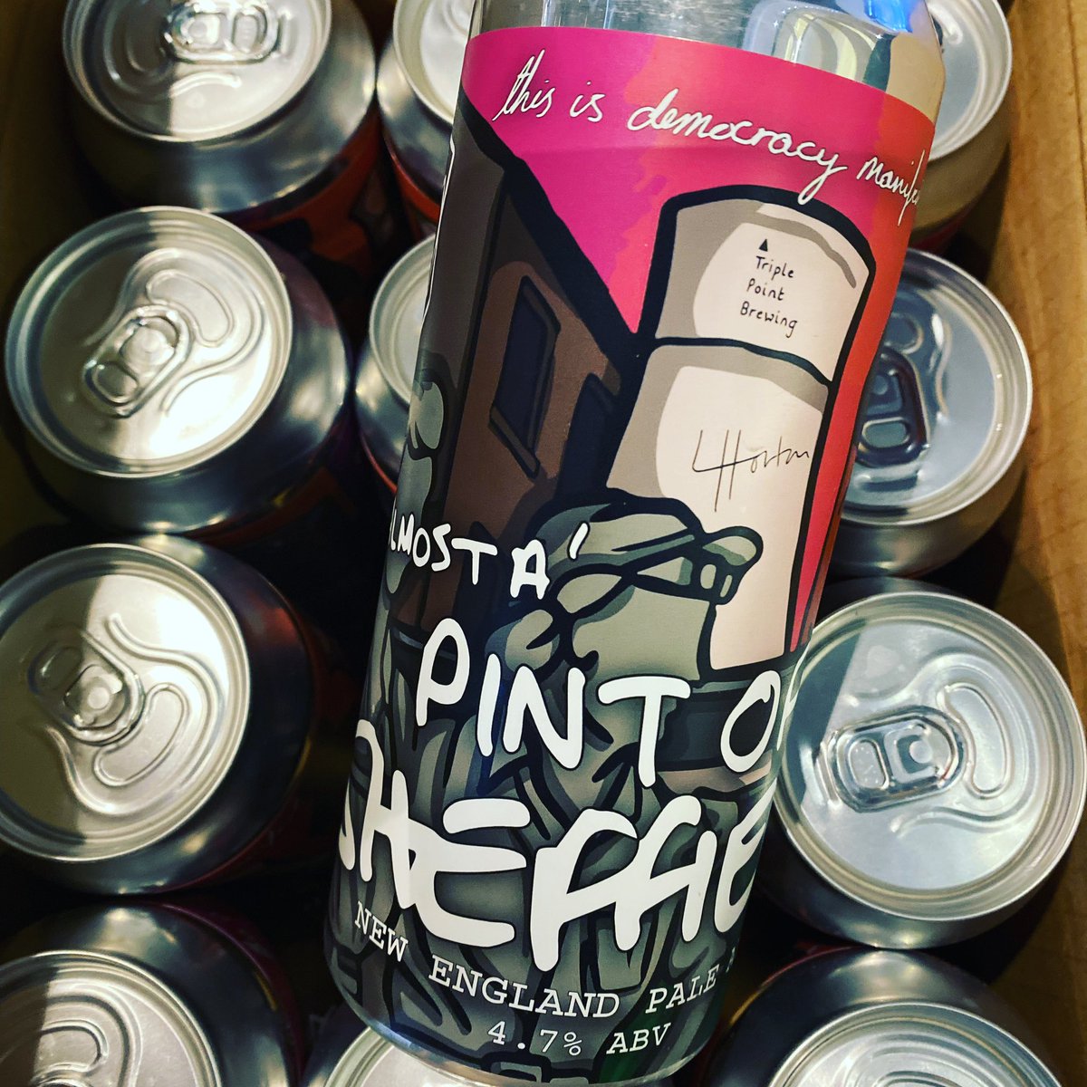HopHideout's tweet photo. New in store is @TripPointBrew & #pintsofsheffield crowdsourced latest collab - Almost A Pint of Sheffield! It’s 500ml of juicy New England-style pale ale. Hopped with El Dorado, Mosaic, Citra & Nectaron. It’s also #glutenfree & art by @LukeHortonArt 🖌 Watch out for a keg too👀 https://t.co/tWRCkY7xA4