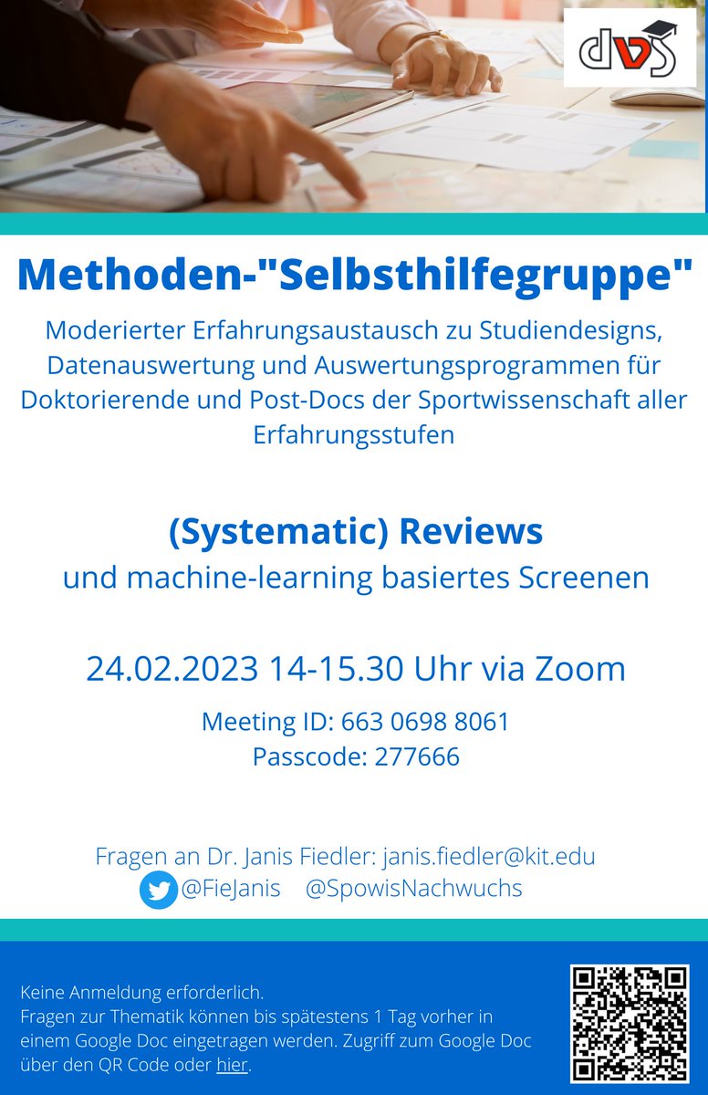 Save the date❗️
Heute in zwei Wochen am 24.02. um 14 Uhr findet unsere nächste Methoden-"Selbsthilfegruppe" statt - dieses Mal zum Thema (Systematic) Reviews.

Mehr Infos unten⬇️
[1/2]