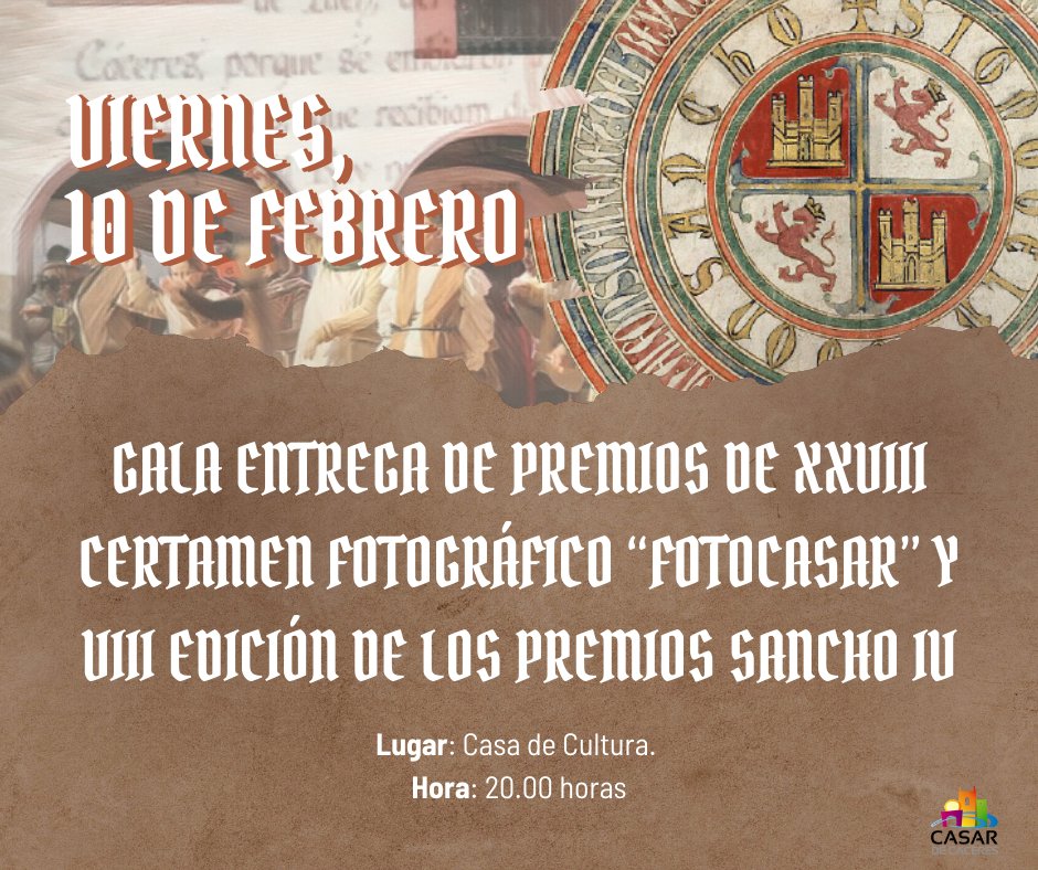 aytocasar's tweet image. Esta tarde, a las 20:00h en la Casa de la Cultura se llevará a cabo la Gala de entrega de Premios del XXVIII Certamen Fotográfico “FotoCasar” y VIII Edición de los Premios Sancho IV.

#sanchoiv
#privilegio
#historia
#premios
#concursofotografico
#premiossanchoiv
#casardecaceres