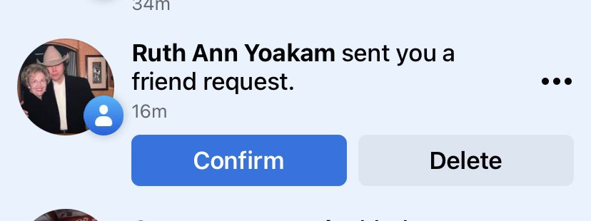Michell76864289's tweet photo. @DwightYoakam @mandolinlive @HappyWoman9 Someone is impersonating your momma on Facebook. https://t.co/uta4YS3j8C