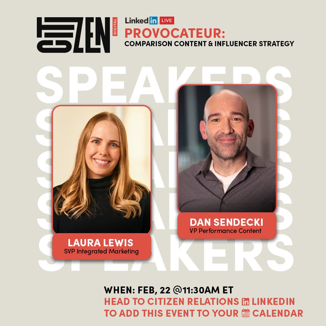 citizenpr's tweet photo. Save the date! Our new Provocateur LinkedIn Live series is here to help you with all things digital. Head to our LinkedIn page to hear from digital experts, Dan Sendecki &amp; Laura Lewis, on combining comparison content with an influencer strategy on Feb 22nd at 11:30 AM ET https://t.co/mtXcdpP9JA