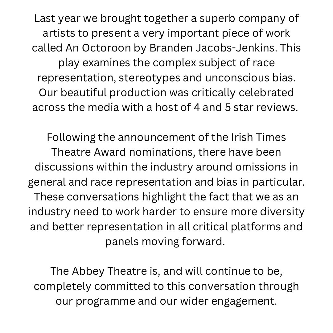 A comment on #AnOctoroon and the Irish Times Theatre awards nominations