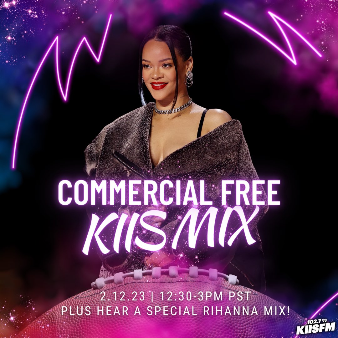 1027KIISFM's tweet photo. Please don’t stop the music! 🎶 THIS Sunday, we aren’t! 👏 We are helping you kick off your festivities for the big game by going COMMERCIAL FREE! 🙌 Plus hear a special #Rihanna Mix by @djtriplexl to get you pumped for her return to stage! 😍 Listen at https://t.co/PkQbosR9Tu https://t.co/ANmv2xvamM