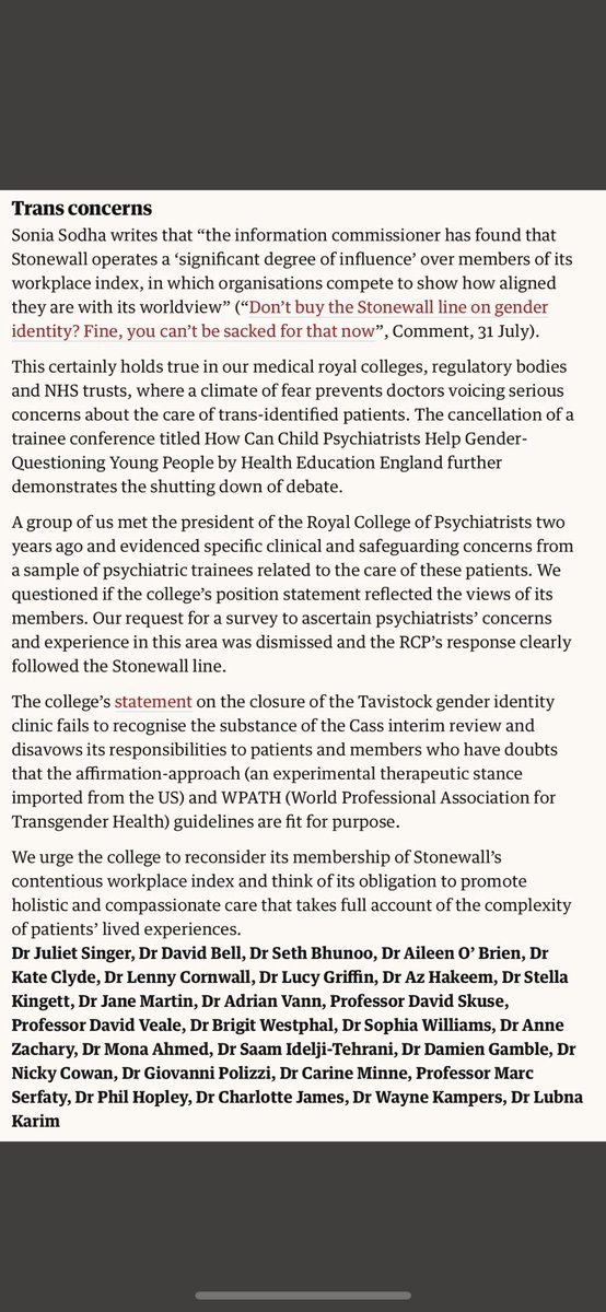 Thank you <a href="/HJoyceGender/">Helen Joyce</a>  <a href="/Belstaffie/">Belstaffie</a>  for sharing this. <a href="/lascapigliata8/">la scapigliata</a> a former psychiatrist has been raising this for years, despite which your talk at the conference was cancelled👇🏼The <a href="/guardian/">The Guardian</a> letter by psychiatrists in response to <a href="/soniasodha/">Sonia Sodha</a> article says it all <a href="/kclyde73/">Katie Clyde</a>