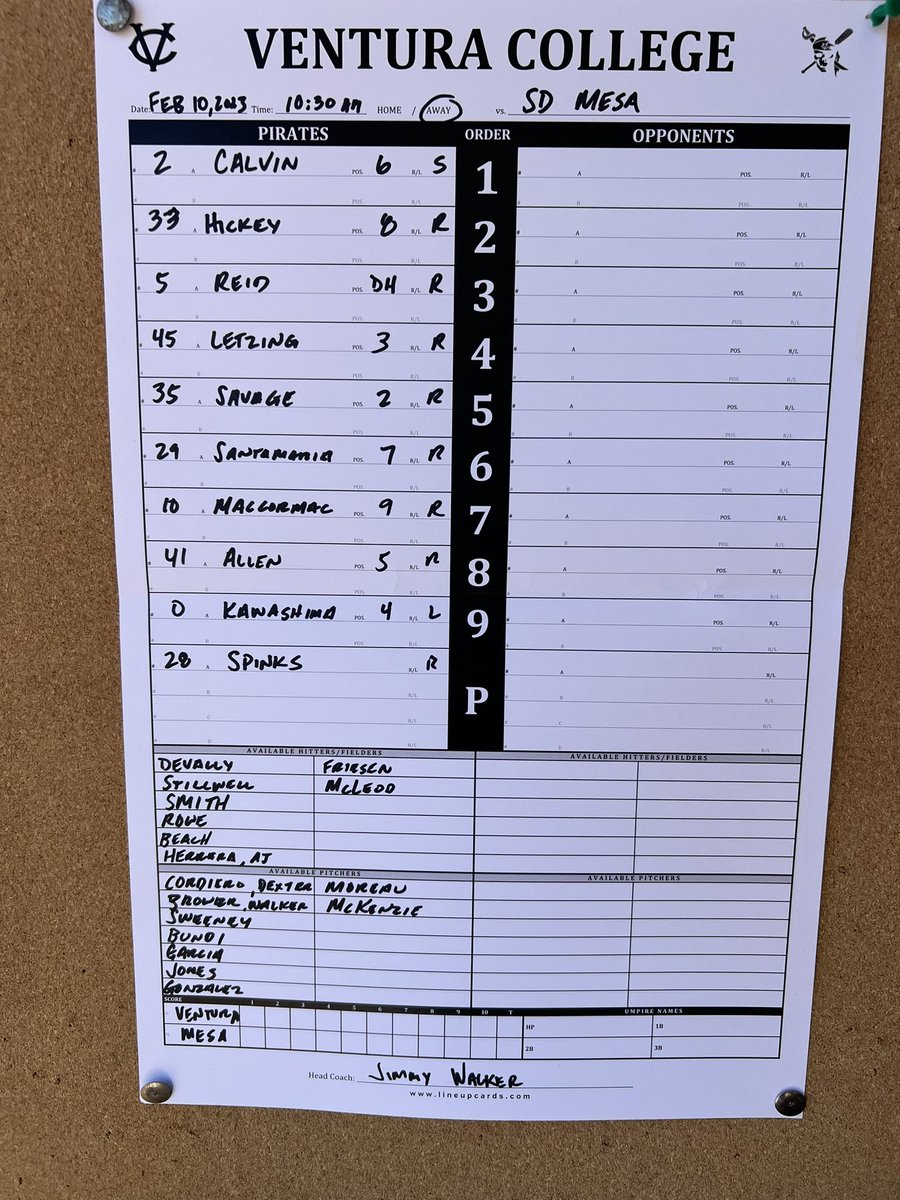 Starting line up for the 🏴‍☠️ for Game 2 of the 3 game series vs @sdmesaathletics presented by @CPVenturaBeach First pitch at 10:30 am. Follow live here on the VC Baseball twitter page @vcscolleges @VCAthletics
