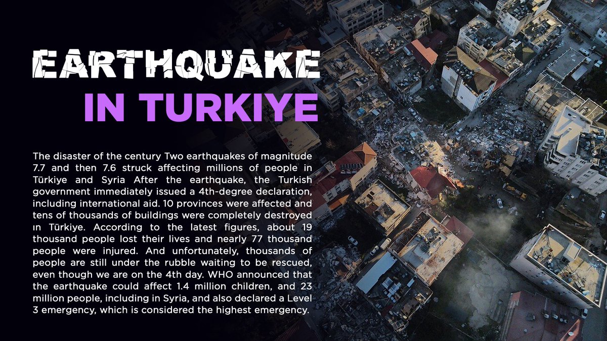 GeniusLabTR's tweet photo. [Donation Campaign for Earthquake in Türkiye]

WHAT'S HAPPENING IN TURKEY? 

Everyone knows that there were earthquakes in Turkey a few days ago but do you really know the dimension of the disaster?

#ArmyJoinForcesforTurkiye
#ArmyAssembleForTurkey https://t.co/RmOYkklsgP