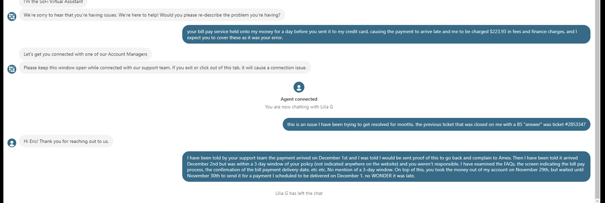 esguthrie's tweet photo. @SoFiSupport @CFPB @WhiteHouse @AmericanExpress @SoFiSupport I just hopped into a chat per your instruction, only to have the chat support team close the discussion on me with no warning or comment. See the attached screen shot. What now?!? @CFPB @AmericanExpress @WhiteHouse https://t.co/aTt1YyR97Z
