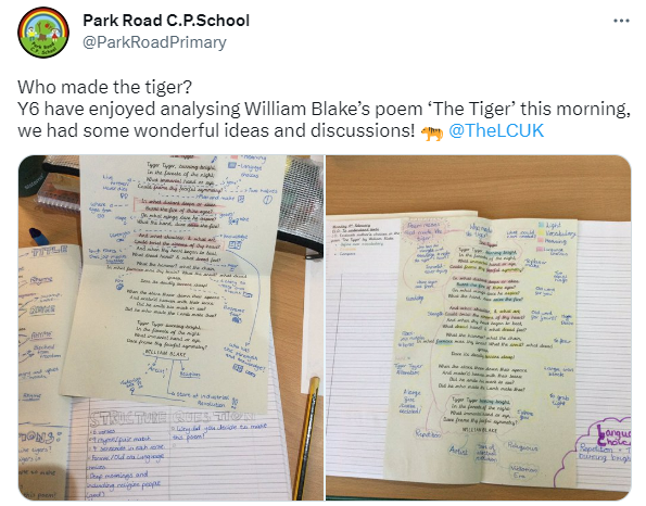 TheLCUK's tweet photo. This week's #WorkerOfTheWeek is Y6 at @ParkRoadPrimary! They have shared their poetry graffiti with us, analysing vocabulary, meaning, language choices and repetition in "The Tyger" by William Blake. We wish we'd heard the discussions you were having! Well done Y6. 🐯✨ https://t.co/qqTWvsILZO