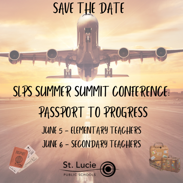 📣Save the Date! 📣
✈️Summer Summit Passport to Progress!  ✈️
We are excited to announce that the SLPS Summer Summit Conference for teachers is back by popular demand for 2023!
June 5, 2023 - Elementary Teachers
June 6, 2023 - Secondary Teachers
#SummerSummit <a href="/1SLPS/">St. Lucie Public Schools</a>