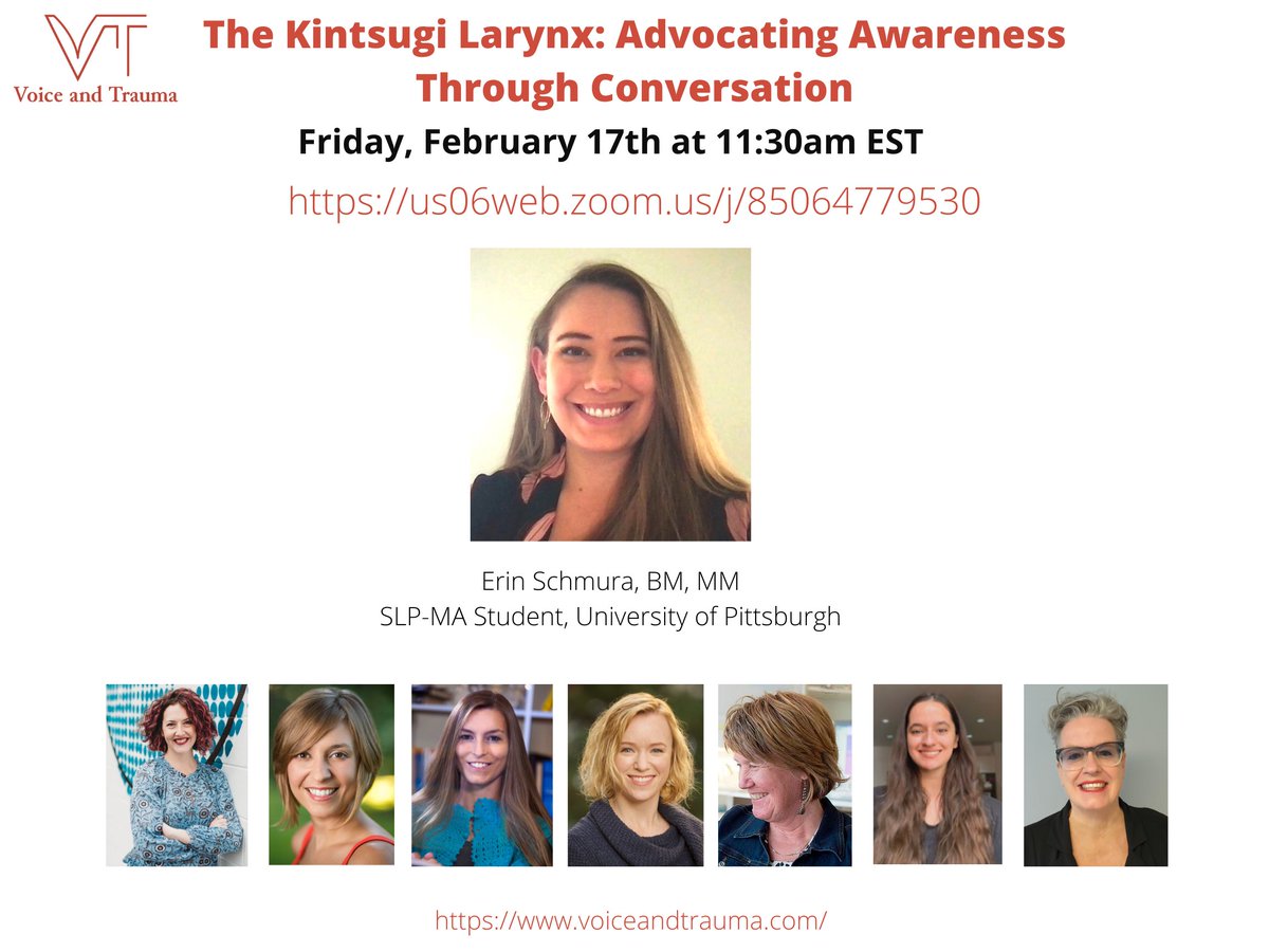 Join Erin Schmura (she/her), 2nd year MA-SLP, Concentration in Voice on Friday, February 17 at 11:30 EST, zoom link in flyer. 

Topic and Discussion: the Voice and Trauma information poster based upon Erin's independent research study with mentor Dr. Leah Helou. 
#PittCSD
