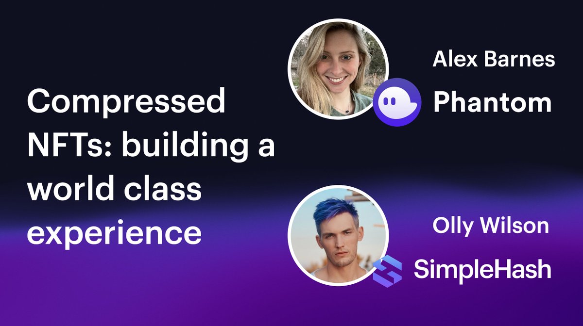SimpleHashInc's tweet image. Solana compressed NFTs are one of the most exciting new standards in NFTs, opening up new possibilities &amp;amp; use cases.

Join us on Thursday Feb 16 at 11am ET to hear from @Phantom’s @alex_barnes_1 on compressed NFTs &amp;amp; crafting world-class NFT experiences.

🎧riverside.fm/studio/compres…