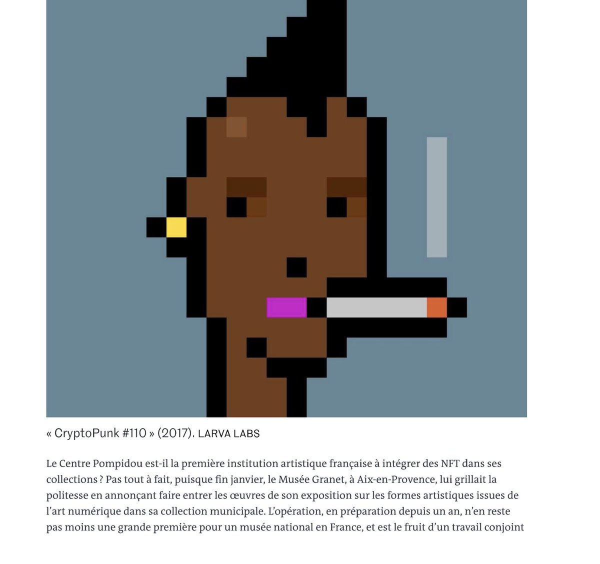 "Give to Caesar what belongs to Caesar..."
thanks <a href="/lemondefr/">Le Monde</a> &amp; <a href="/Emma_Jardonnet/">Emmanuelle Jardonnet</a> 

"Is the <a href="/CentrePompidou/">Centre Pompidou</a> the first French art institution to include NFTs in its collections? 

Not quite, since at the end of January, the <a href="/museegranet/">Musée Granet</a>  in Aix-en-Provence"