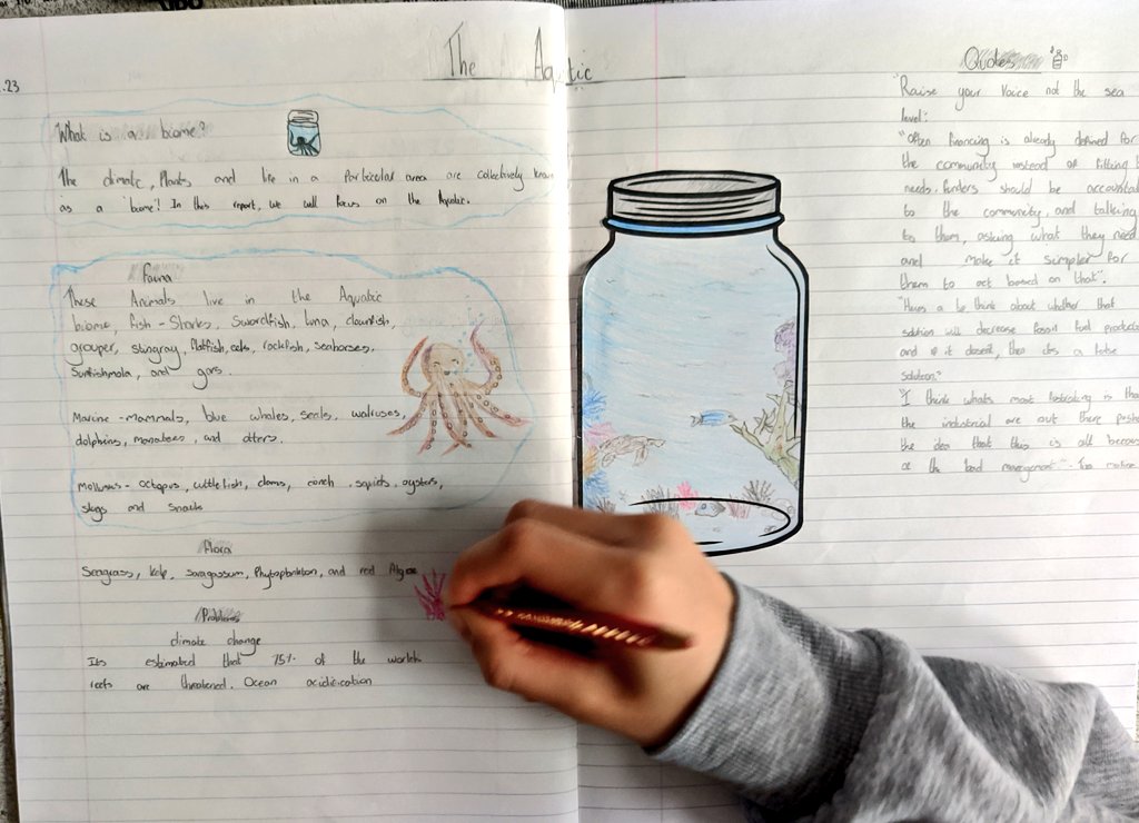 AHTMrsD's tweet photo. Year 5 really enjoy presenting their learning as a double page spread. In less than a week they've published their final reports. We let them choose the biome they wanted to write about and as you can see, they really rose to the challenge! #WritingCommunity #KS2Writing https://t.co/FZK8HSkIOU